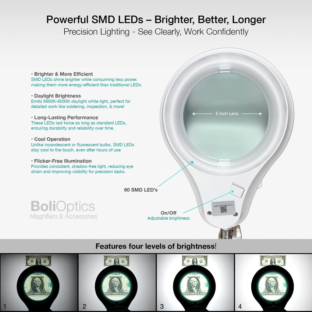 (Glass Lens) Professional LED Magnifying Lamp with Clamp, Dimmable, 1200 Lumens, 5600K-6000K Daylight Bright 60 SMD LED, Work Light Mounting Bracket Clamp (8 Diopter) BoliOptics MG16303321