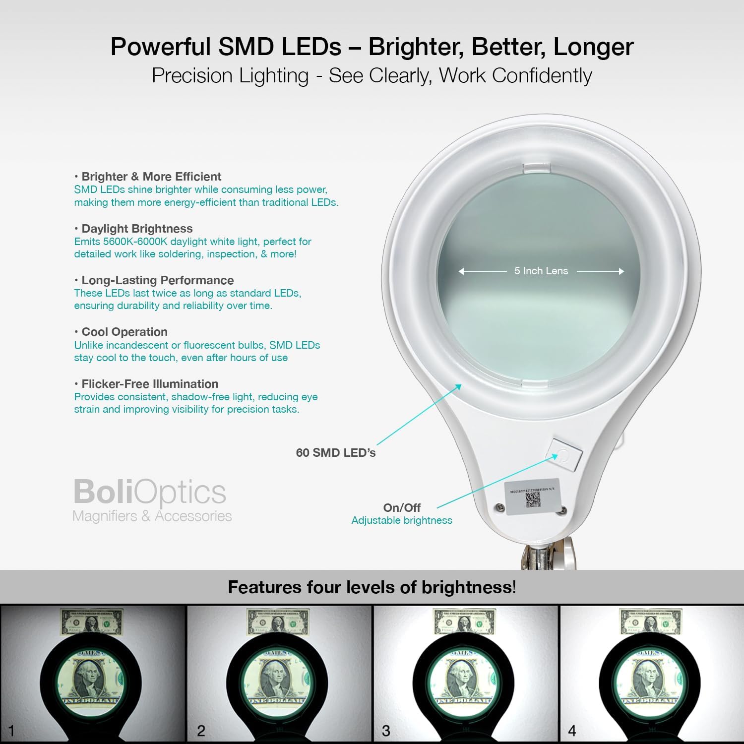 (Glass Lens) Professional LED Magnifying Lamp with Clamp, Dimmable, 1200 Lumens, 5600K-6000K Daylight Bright 60 SMD LED, Work Light Mounting Bracket Clamp (8 Diopter) BoliOptics MG16303321