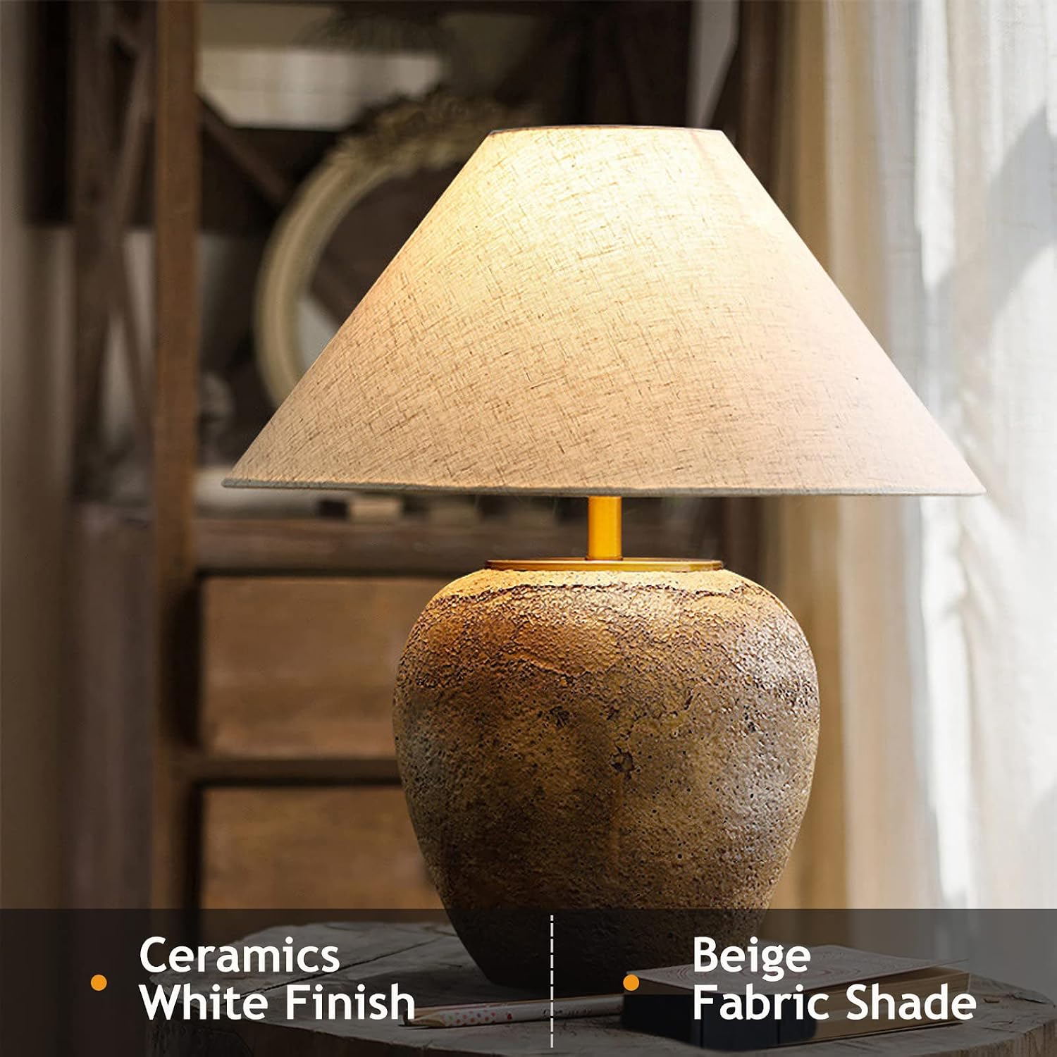 DJAMEL Rustic Farmhouse Clay Pot Lamps 19.6' Tall Ceramic Table Lamp Simple Textured Brown Ceramic Lamp Body with White Textured Shade Bedside Nightstand Lamp for Living Room Bedroom Office