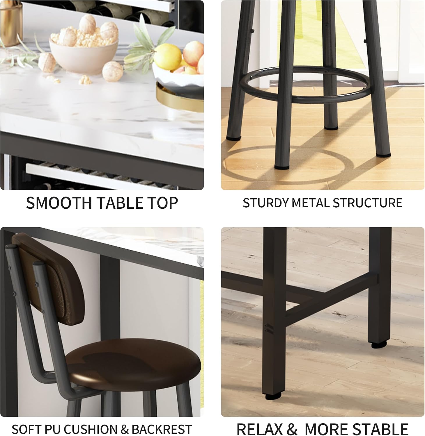AWQM 3 Piece Bar Table Set of 2,39.3' Pub Bar Table and Chairs Set,Faux Marble Bar Height Table with 2 Backrest Stools,Small Dining Table for 2,Kitchen Table Set for Small Space,White & Brown