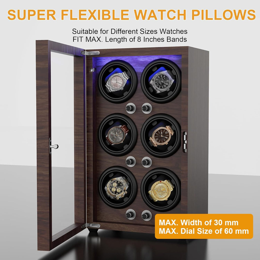Watch Winder for Automatic Watches,Wooden Watch Rotating Case with LED Light,4 Rotation Modes,Elastic Watch Pillows Quiet Mabuchi Motor