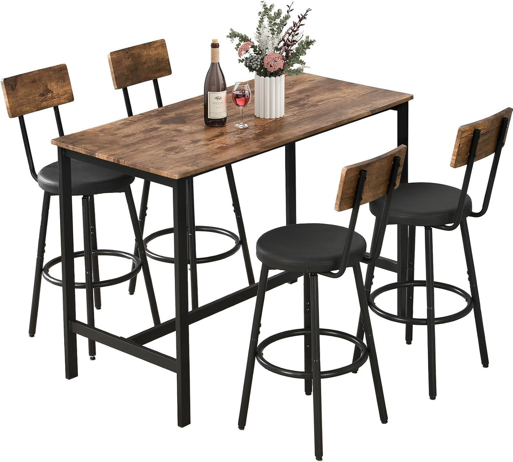 Zevemomo Dining Table Set for 4, 5-Piece Bar Table Set, Kitchen Table and Chairs, Counter Height High Top Table with 4 PU Upholstered Stools, Space-Saving Pub Table Sets for Small Space, Brown
