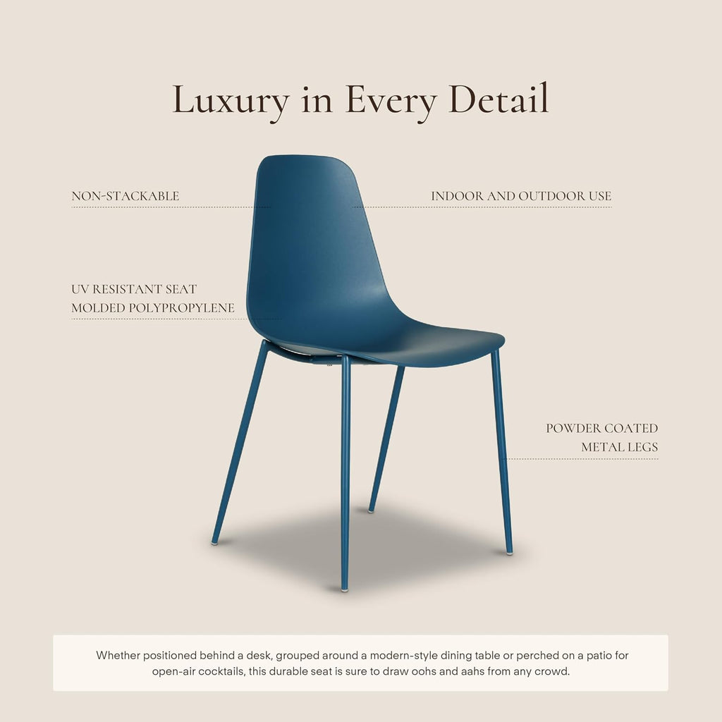 Poly & BARK Isla Modern Kitchen Chairs Set of 4 - Plastic Dining Chair with Metal Legs - Quick Assembly Simple Cafe Chairs Plastic for Indoor or Outdoor - Lago Blue