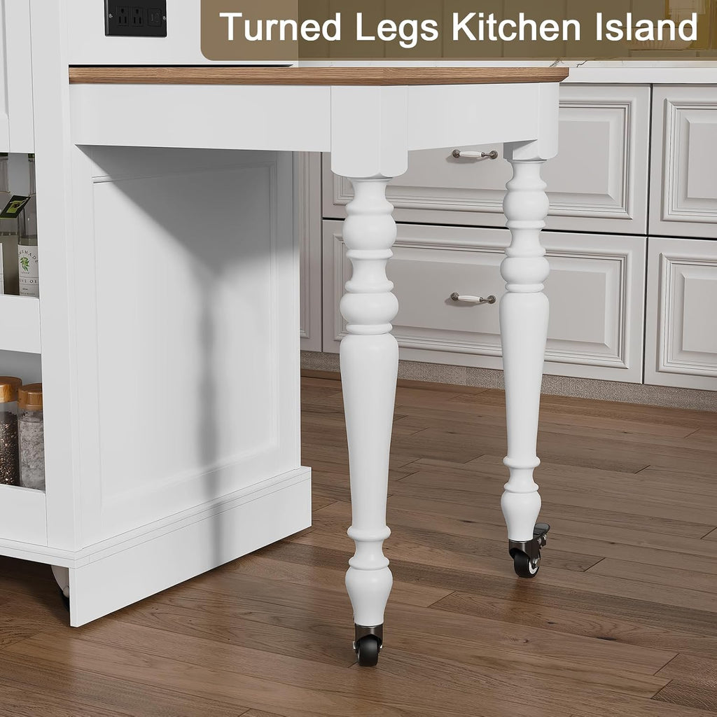 HLR 72' Kitchen Island with Extendable Table for 2-4, Island Table for Kitchen with Power Outlet and Storage Slide Out Legs, Rolling Islands Cart with 2 Doors (White)