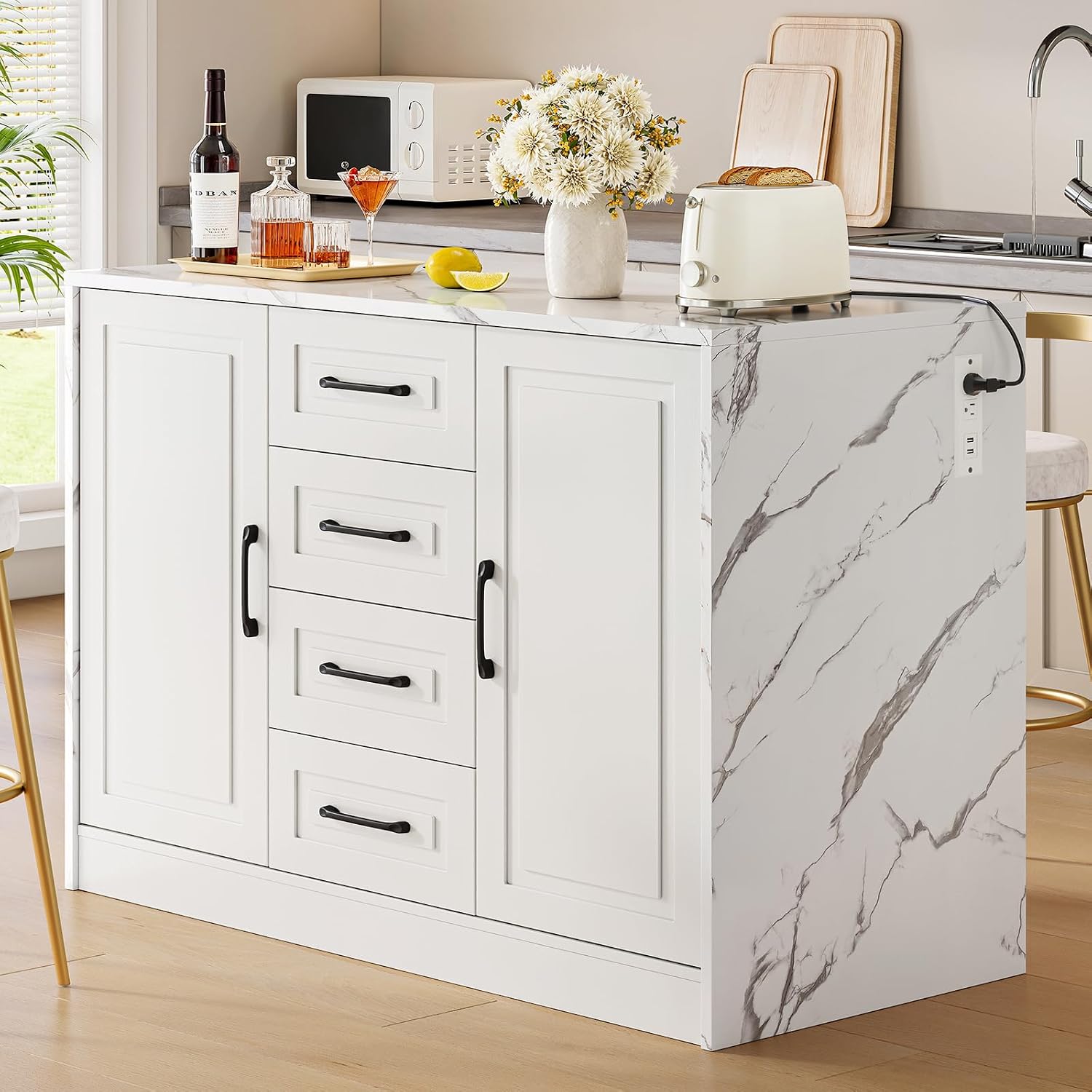 ONBRILL 47.3' Kitchen Island with 2 Storage Cabinets & 4 Drawers, Modern Imitation Marble Dining Table with Power Outlet, Island Bar Table for Kitchen, Dining Room, Living Room, White