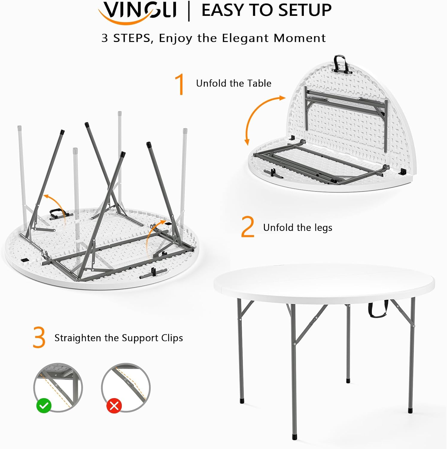 VINGLI White 48' Round Bi-Folding Commercial Table, 4 Feet Portable Plastic Dining Card Table for Kitchen or Outdoor Party Wedding Event, 5-Pack