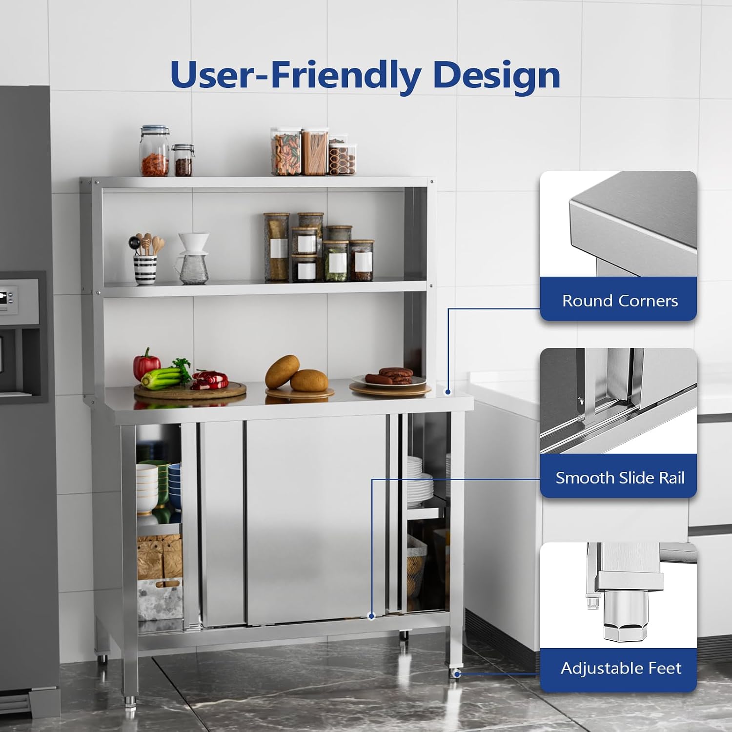 ROVSUN All Stainless Steel Table with Overshelves 39' X 19', NSF Commercial Heavy Duty Pre Table with Large Space Storage Cabinet for Kitchen Restaurant Hotel Garages