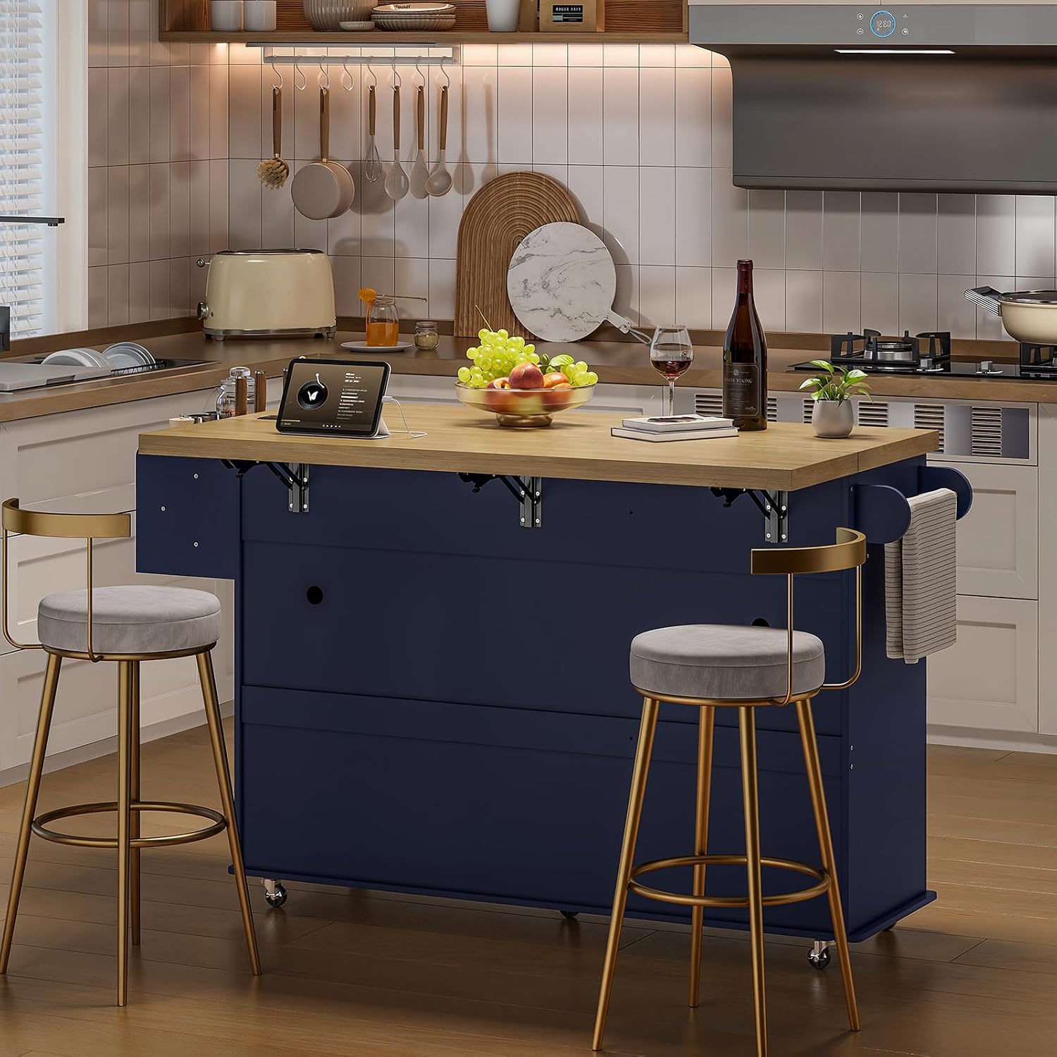 ONBRILL 60' Kitchen Island with Power Outlet & Drop Leaf, Mobile Storage Island with Spice Rack & Towel Rack, 4 Levels, Blue