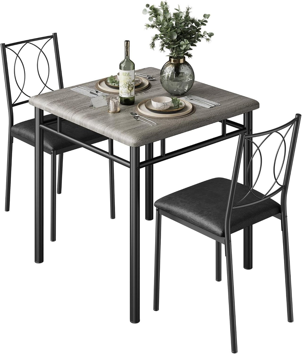 Garvee Dining Table Set for 2, Small Kitchen Table with Upholstered Chairs, Farmhouse Wood Dining Table Chairs for Kitchen Room, Small Spaces, Apartment, Grey