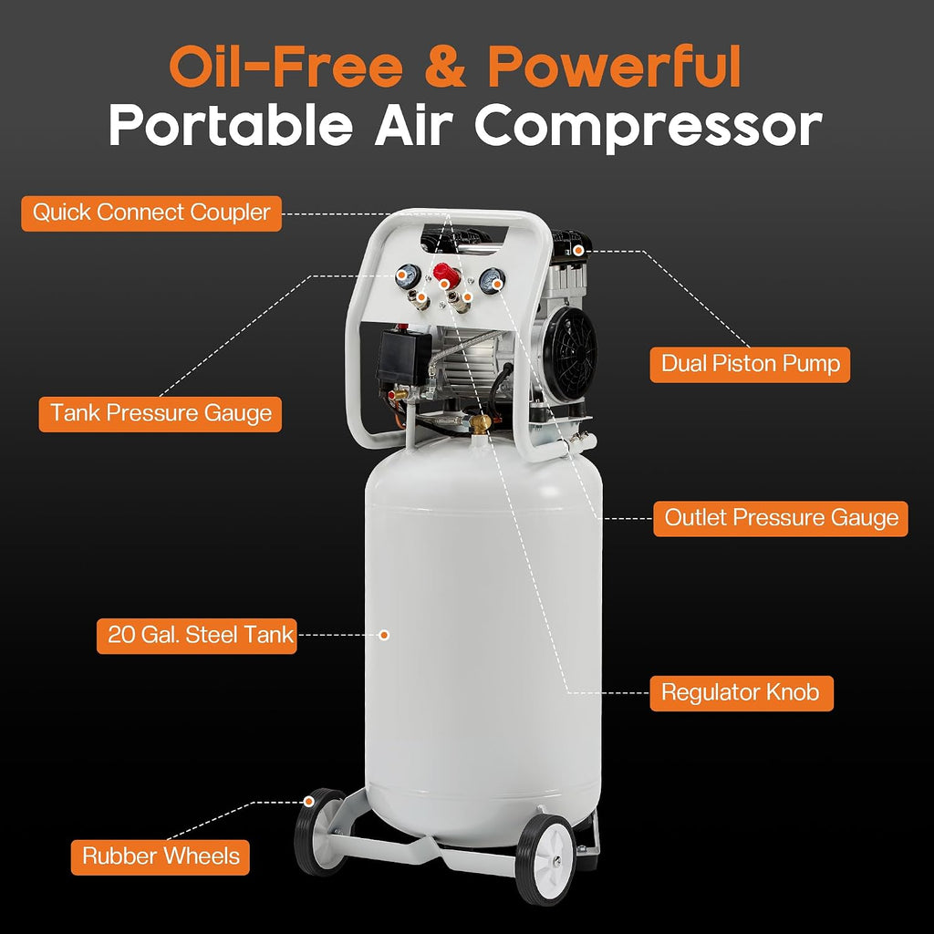 Albott 20 Gallon Electric Air Compressor, 1.8 HP Vertical Wheeled Tank | Oil-Free Air Compressor with Copper Motor 120 PSI Max Garage Air Supply Pneumatic Tool Tire Inflation Use