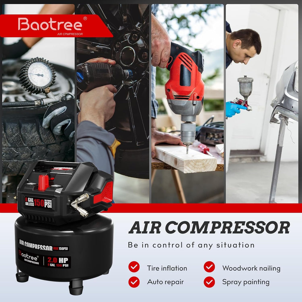 8 Gallon Portable Air Compressor, 2HP Motor 2.8SCFM@90 PSI,3.8SCFM@40PSl Max 150PSI Oil Free Air Compressor Tank, Garage Air Compressors for Car Repair, Spray Painting, Woodwork Nailing