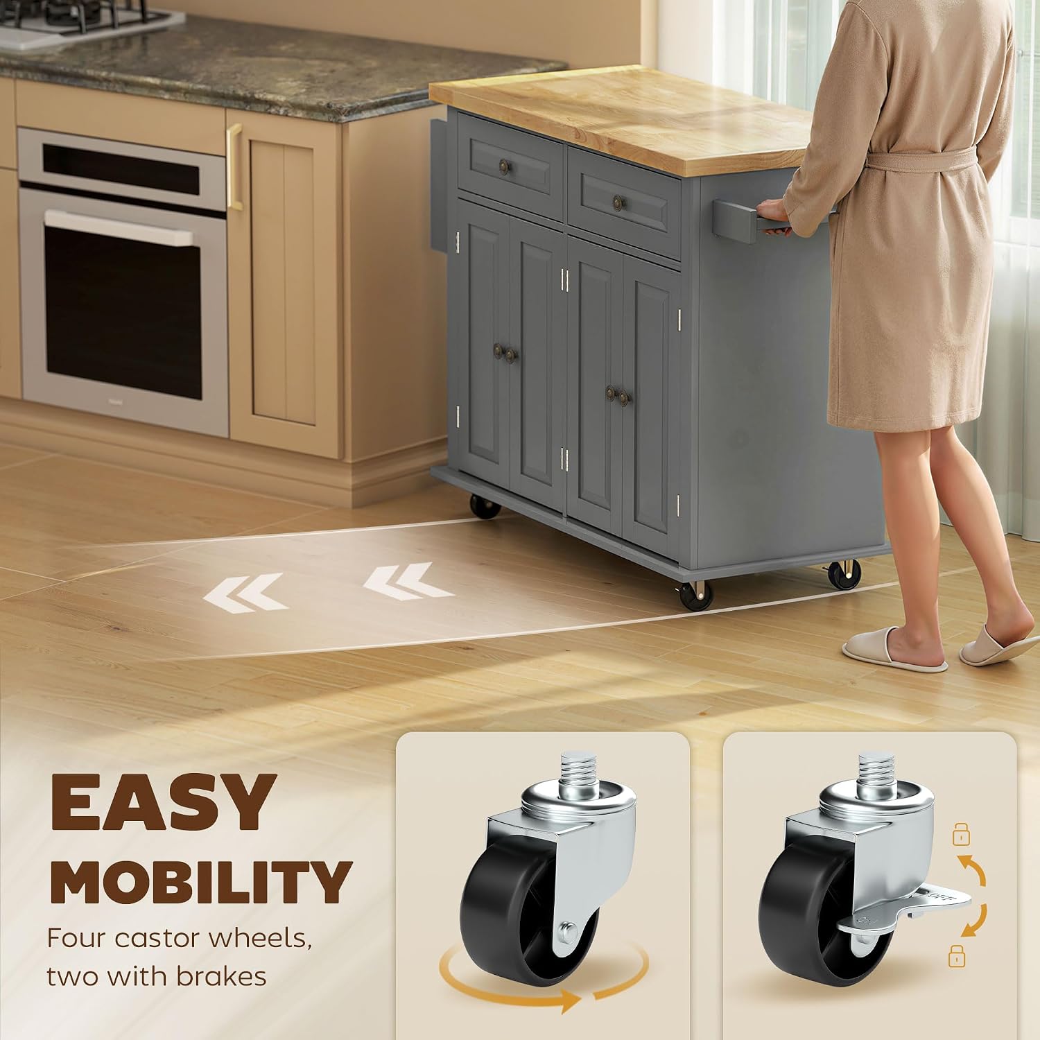 HOMCOM Kitchen Island Cart with Rubber Wood Top, Rolling Kitchen Island Table on Wheels with Drawers, Adjustable Shelves, Spice Rack and Towel Rack for Dining Room, Gray