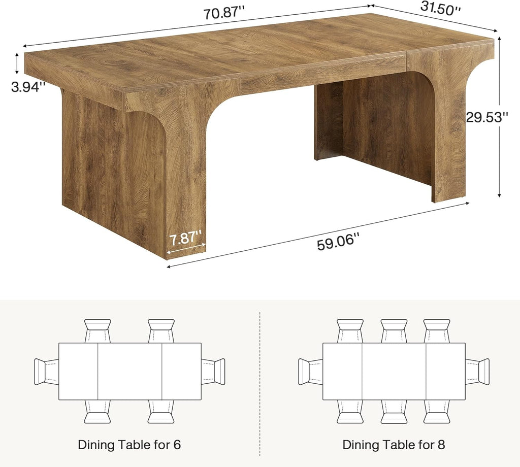 Tribesigns 71-Inch Farmhouse Dining Table for 6-8, Long Wooden Kitchen Table with Arched Design, Large Rectangular Dining Room Furniture with Double Pedestal for Dinner, Banquet, Natural Wood Grain