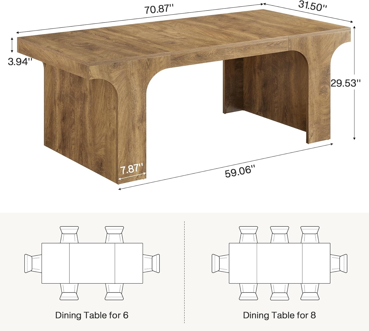 Tribesigns 71-Inch Farmhouse Dining Table for 6-8, Long Wooden Kitchen Table with Arched Design, Large Rectangular Dining Room Furniture with Double Pedestal for Dinner, Banquet, Natural Wood Grain