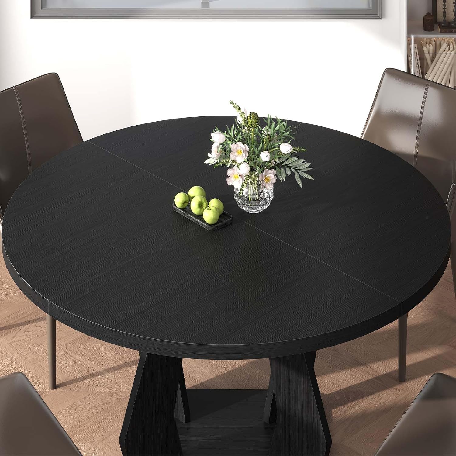IBF Black Round Dining Table for 4-6, 47 Inch Kitchen Table with Spacious Tabletop Modern Circle Dining Table, Wood Dinner Table Pedestal Base for Dining Room, Kitchen,Living Room,Office
