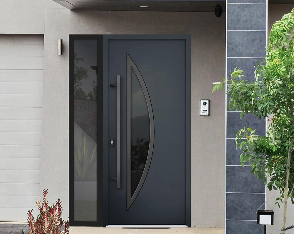 VDOMDOORS Front Exterior Prehung Steel Door/Deux 6501 Anthracite/Side Exterior Window/Stainless Inserts Single Modern Painted-W36+16' x H80-Right-hand Inswing
