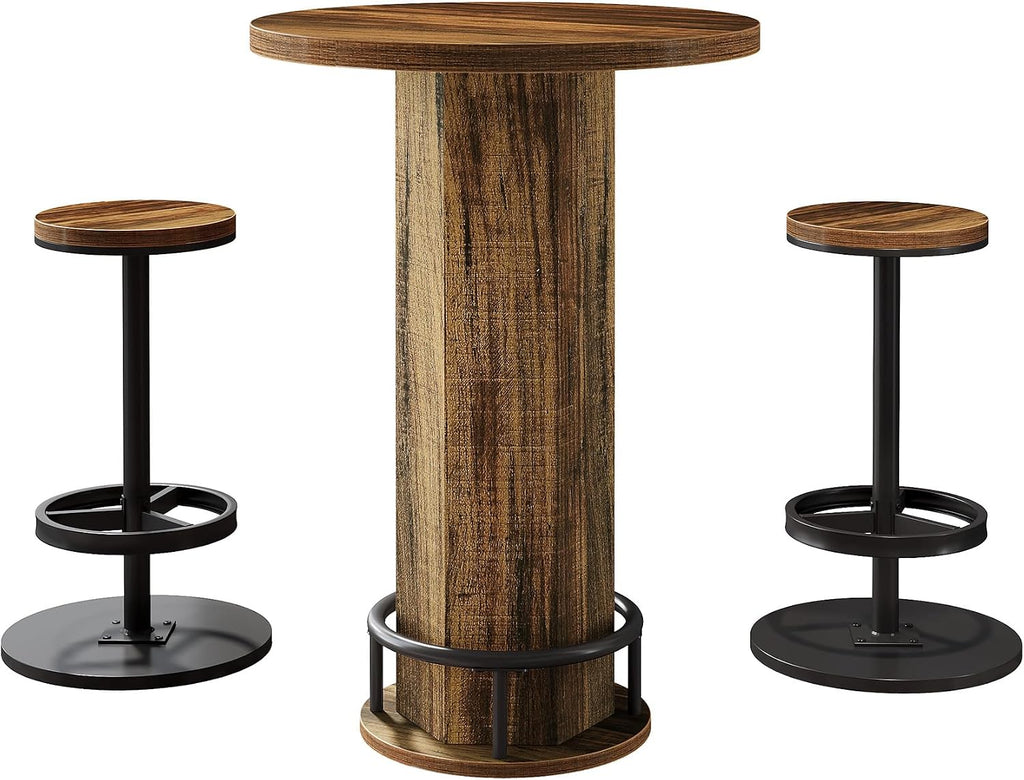 Tribesigns Round Bar Table with Chairs, Industrial Bistro Sets with 2 barstools, Pub Cocktail Table with Metal Ring Footrest for Kitchen Nook, Apartment, Small Space