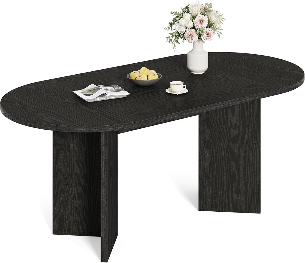 LITTLE TREE 63' Rustic Oval Dining Table for 4-6, Sturdy MDF Farmhouse Kitchen Table with Metal Strip Base, for Living Room, Office, Restaurant, Multi-Use, Black
