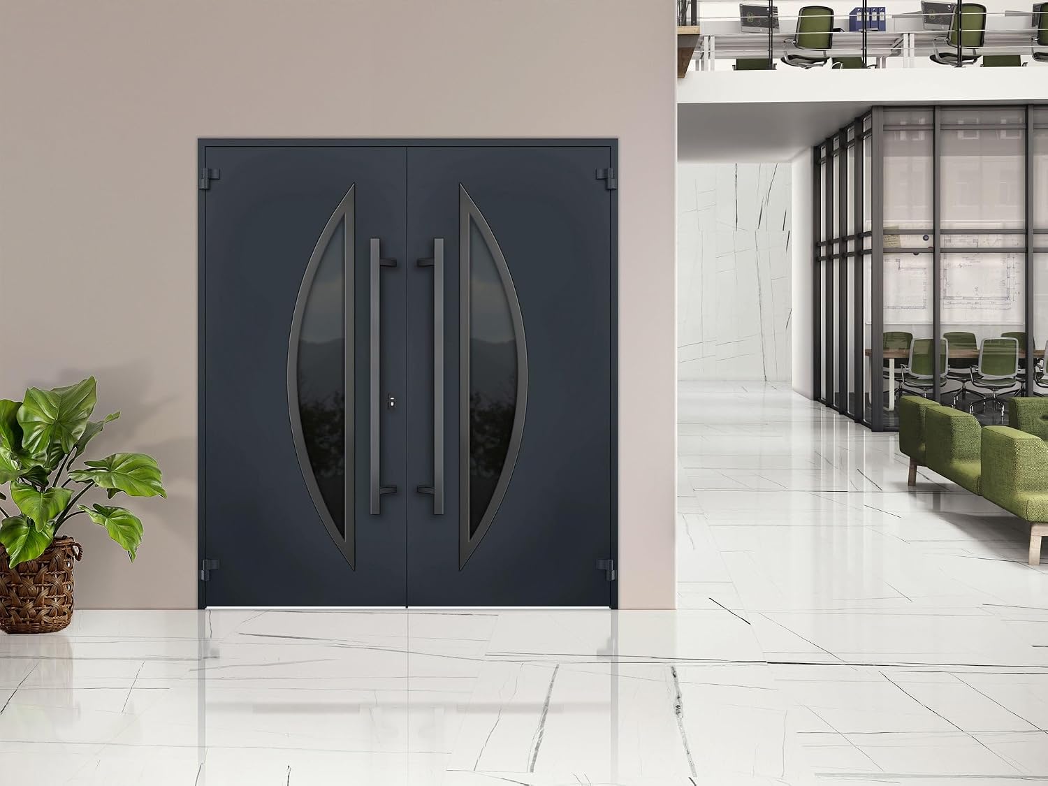 VDOMDOORS Front Exterior Prehung Metal Double Doors/Deux 6501 Anthracite Enamel Tinted Anthracite Glass/Entry Modern Painted Left Inswing Active Door 72' x 80'