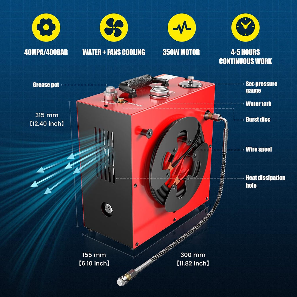 GX PUMP GX-E-CS4 PCP Air Compressor, 350W Powerful Motor,Max 5800Psi/40Mpa | Portable 12V Auto Stop PCP Compressor ,Water and Fan Cooling, 5 Hours Continous Work, Paintball Air Compressor