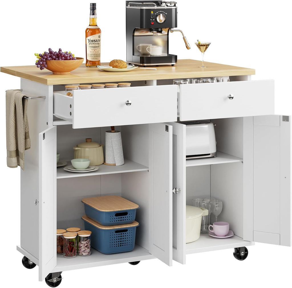 Shintenchi Kitchen Island with Drop Leaf, Rolling Kitchen Cart with Storage on Wheels, Table Bar Cart for Kitchen with Towel Rack & Seating Area for Dining Room, White