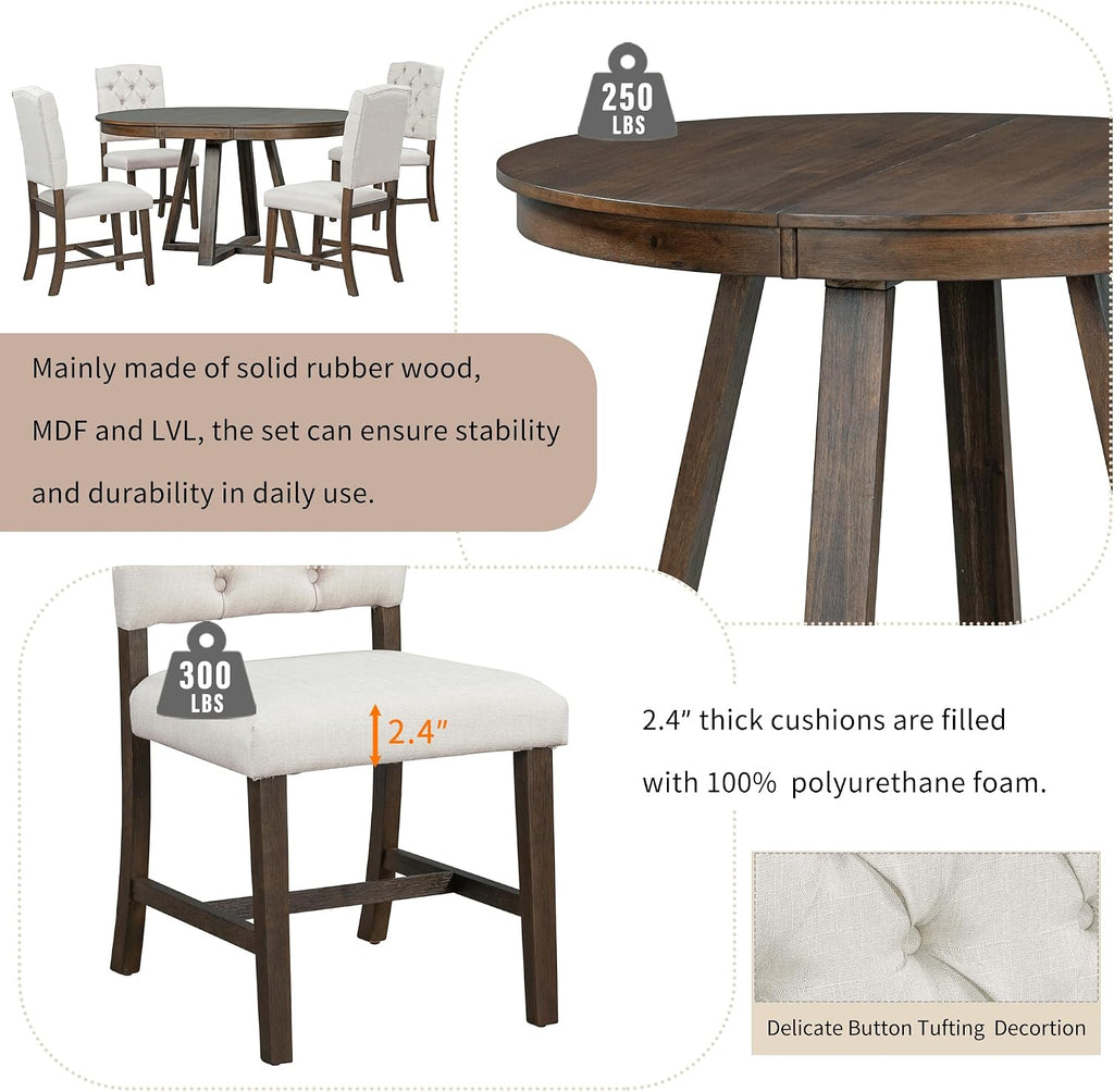 LUMISOL Round Dining Table Set for 4, Farmhouse Extendable Kitchen Table Set with 4 Upholstered Chairs, Solid Wood Table and Chairs Set for Kitchen, Dining Room, Living Room, Beige+Walnut