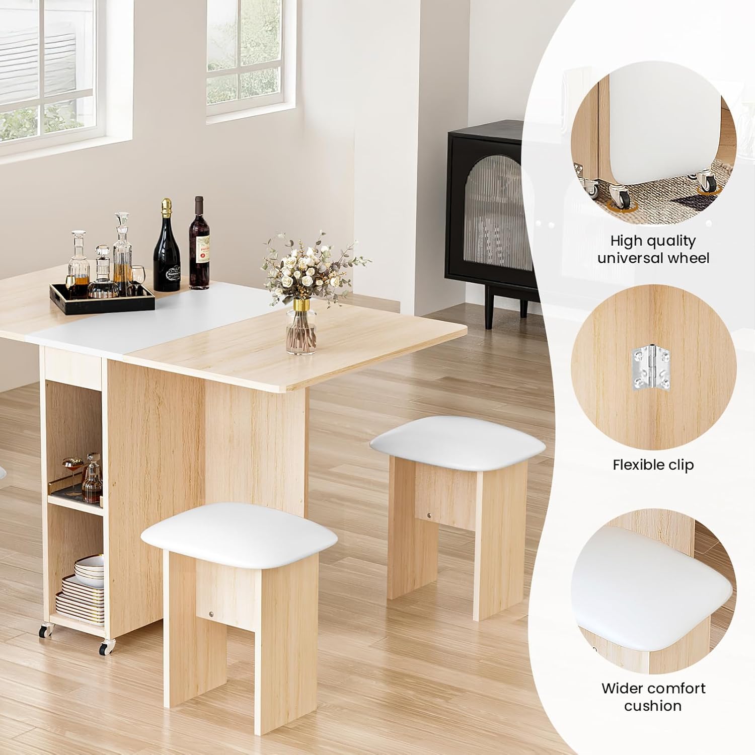 AWQM Foldable Dining Table Set for 4,Folding Dining Table with 4 Leather Chairs & Storage,Drop Leaf Dinner Table with 6 Wheels,Folding Kitchen Table and Chairs Set for Small Spaces, Beige White
