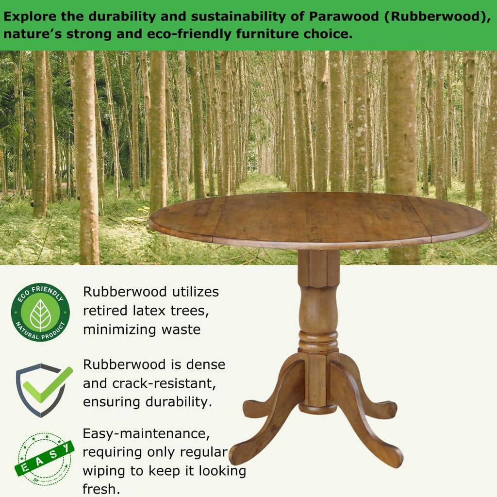 42' Round Dual Drop Leaf Pedestal Dining Table Solid Wood, Easy Assembly, Sturdy Parawood, Kitchen/Dining Room, 29.5'H x 42'W x 42'D, 20mm Thickness Top, Includes Two 9' Drop Leaves