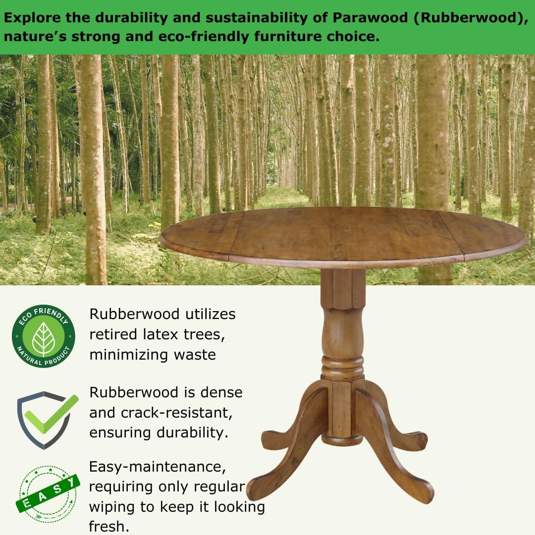 42' Round Dual Drop Leaf Pedestal Dining Table Solid Wood, Easy Assembly, Sturdy Parawood, Kitchen/Dining Room, 29.5'H x 42'W x 42'D, 20mm Thickness Top, Includes Two 9' Drop Leaves