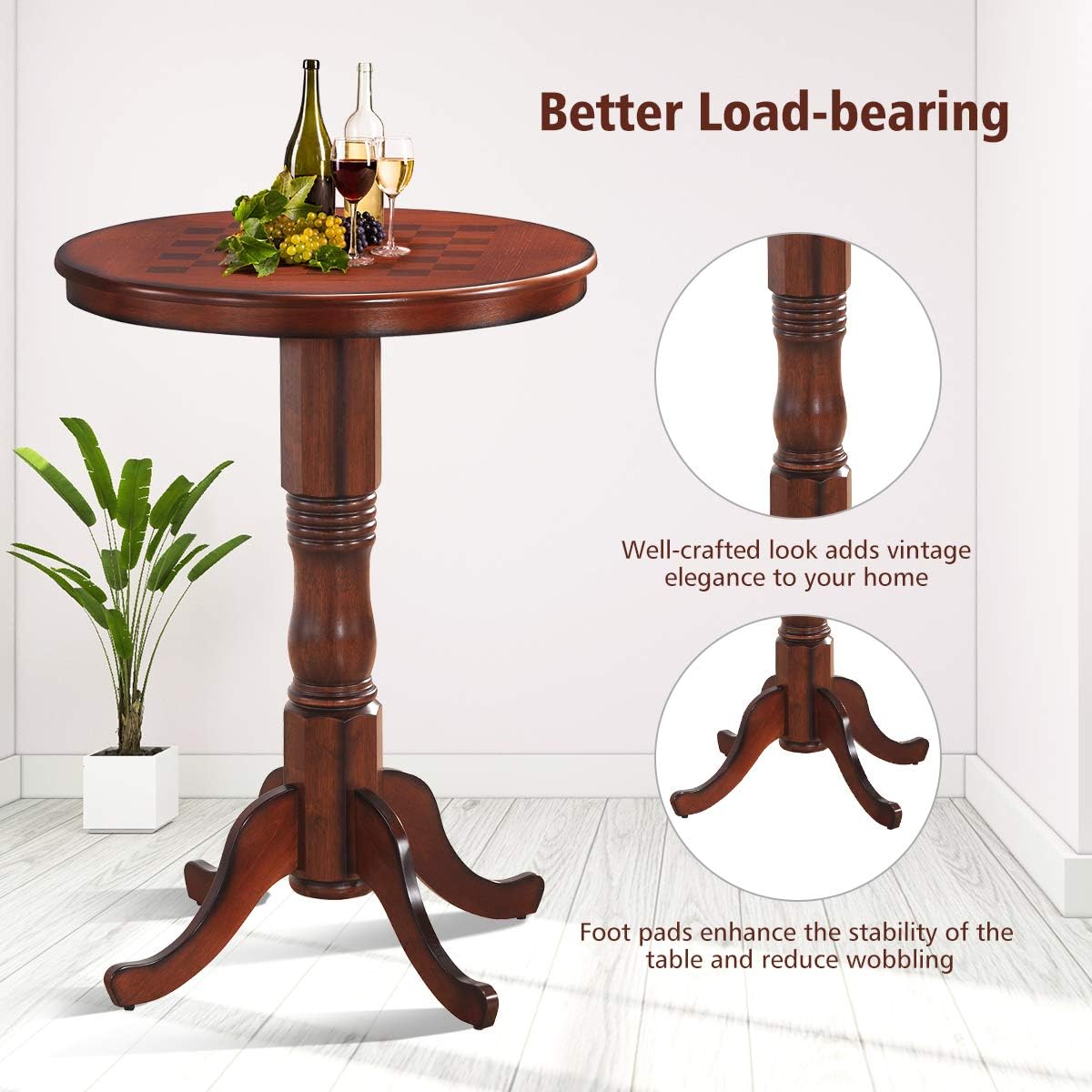 Giantex Round Dining Table, 30' D X 41.5' H, Wooden Pub Pedestal Side Table W/Chessboard, Adjustable Foot Pads, Multi-Purpose Dinner Table for Small Space, Kitchen, Dining Room, Restaurant, Walnut