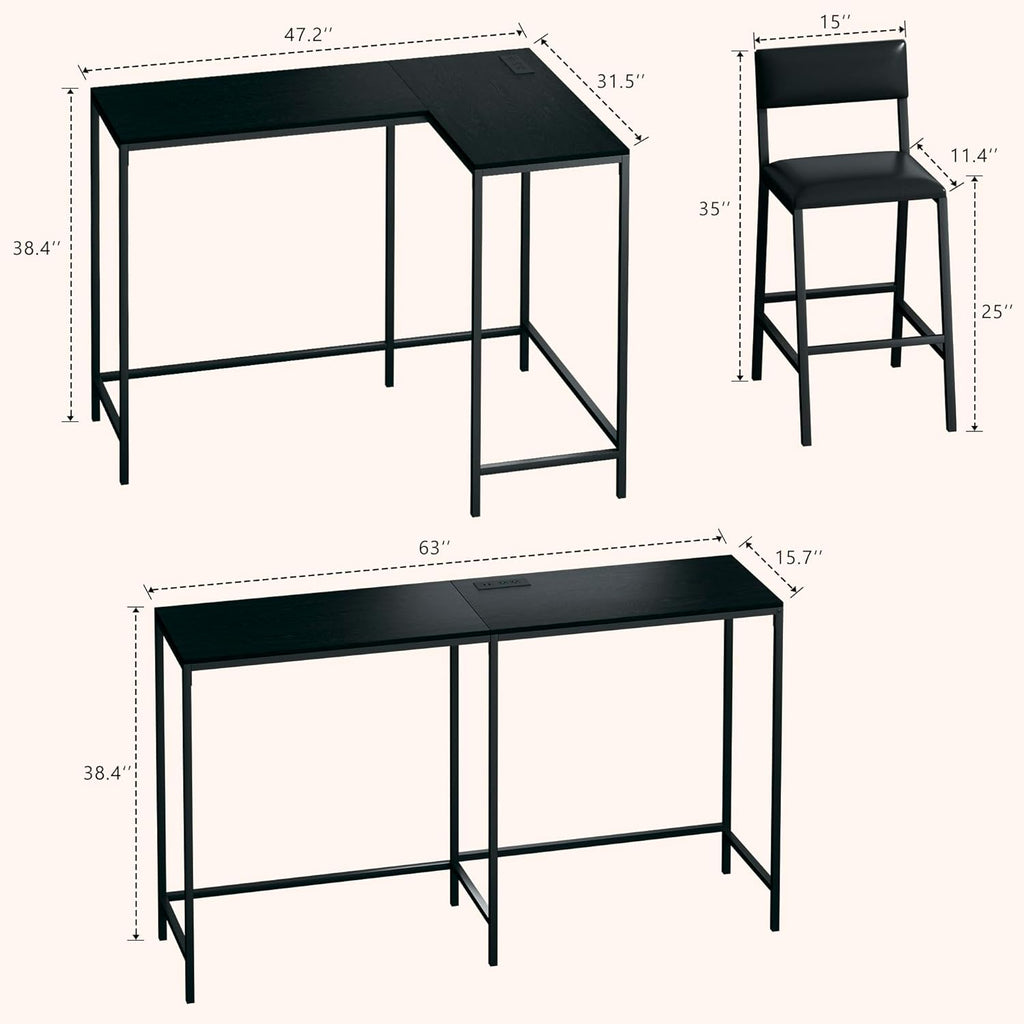 Bar Table and Chairs Set, 3 Piece Convertible L-Shaped Kitchen Table with 2 PU Leather Bar Stools, 63'' Counter Height Small Dining Table with Power Outlets, Space Saving, Breakfast Nook Corner, Black