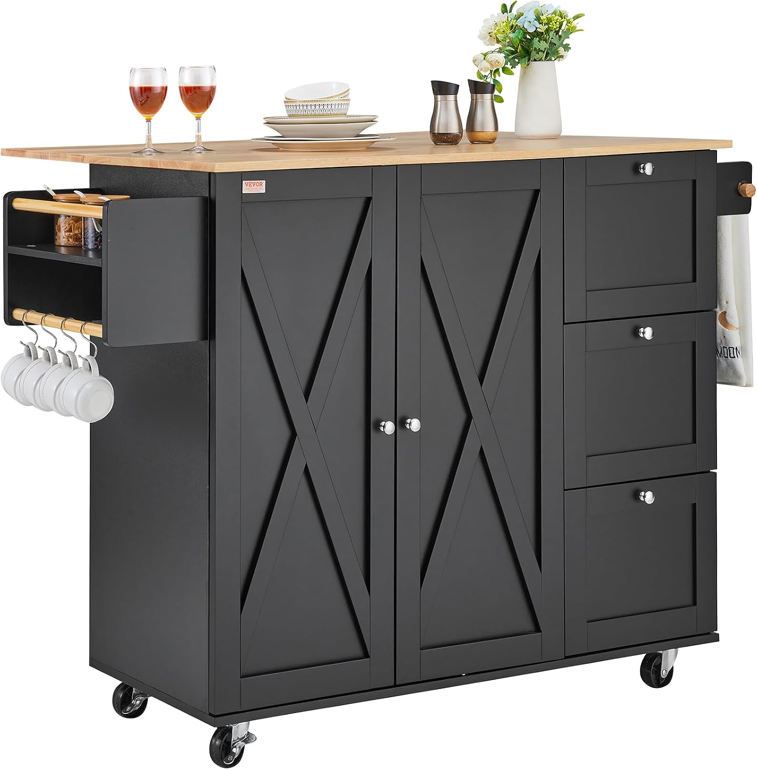 VEVOR Kitchen Island Cart, Rolling Table with Drop Leaf, Spice Rack, Towel Bar, Adjustable Shelf, Drawer, and Hooks, Mobile Island on Wheels, Mobile Carts with Storage Cabinet, 45.3' Wood Top, Black