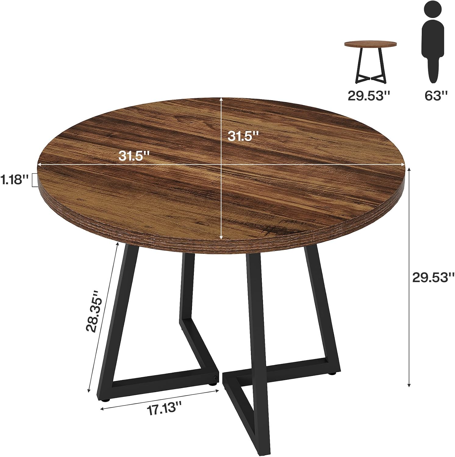 Tribesigns Round Commercial Dining Table Set of 4, 31.5' Heavy Duty Dinner Table with Metal Base, Wooden Kitchen Table for Restaurant, Cafe, Bakery, Bar, Apartment, Rustic Brown & Black