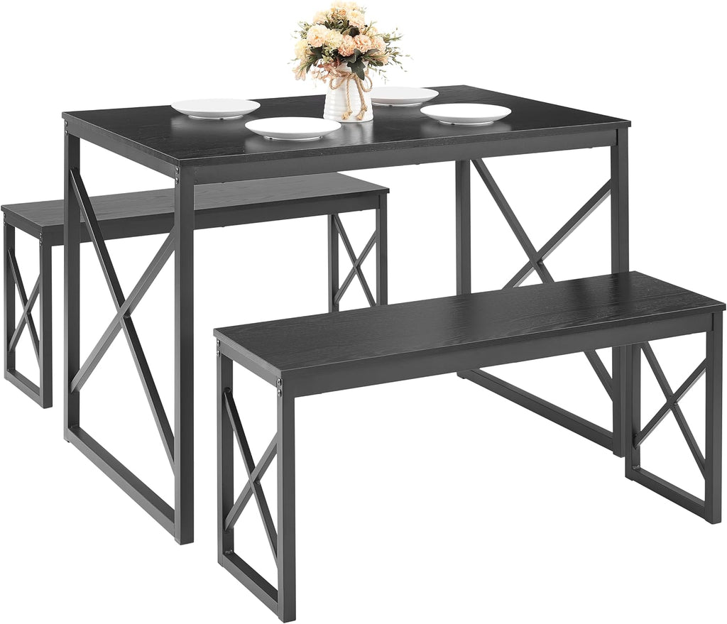 VECELO 43.3' Kitchen Dining Table Set for 4, Heavy-Duty Steel Frame & Wood-Grain Tabletop, Spaving Saving Dinette Sets with 2 Benches for Breakfast Nook and Small Space, Black
