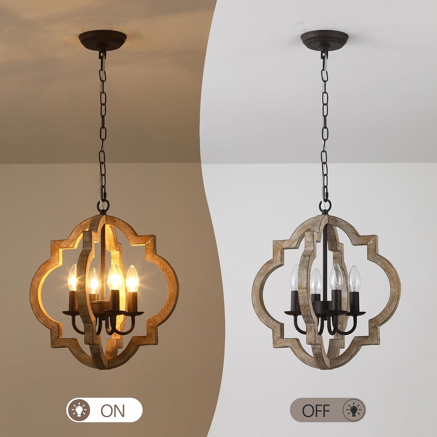 16 Inch Farmhouse Chandelier for Dining Room French Country Light Fixtures Over Table 4-Light Rustic Orb Wood Chandelier for Kitchen Hallway Foyer Entryway Bedroom