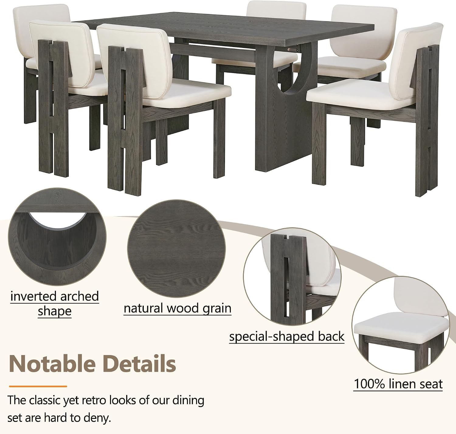 Merax Wood Dining Table Set for 6, Rectangular Tabletop/Upholstered Chairs/Retro Geometric Design, Ideal for Dining-Room and Kitchen, Grey