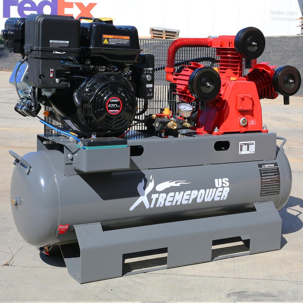 XtremepowerUS 13.0HP Horizontal Air Compressor Tank 30 Gallon Tank Gas-Powered 3-Cylinder Service Truck Mount Workshop, Construction Sites, Machinery
