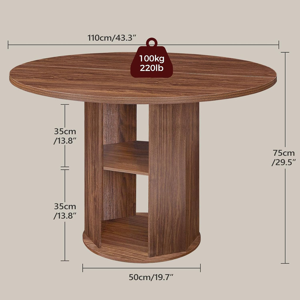 MAHANCRIS 43.3' Round Dining Table with Storage Shelf for 4, Circle Kitchen Dinner Table with Thick Tabletop, Circle Nook Table for Kitchen & Dining Room, Walnut DTWA11001