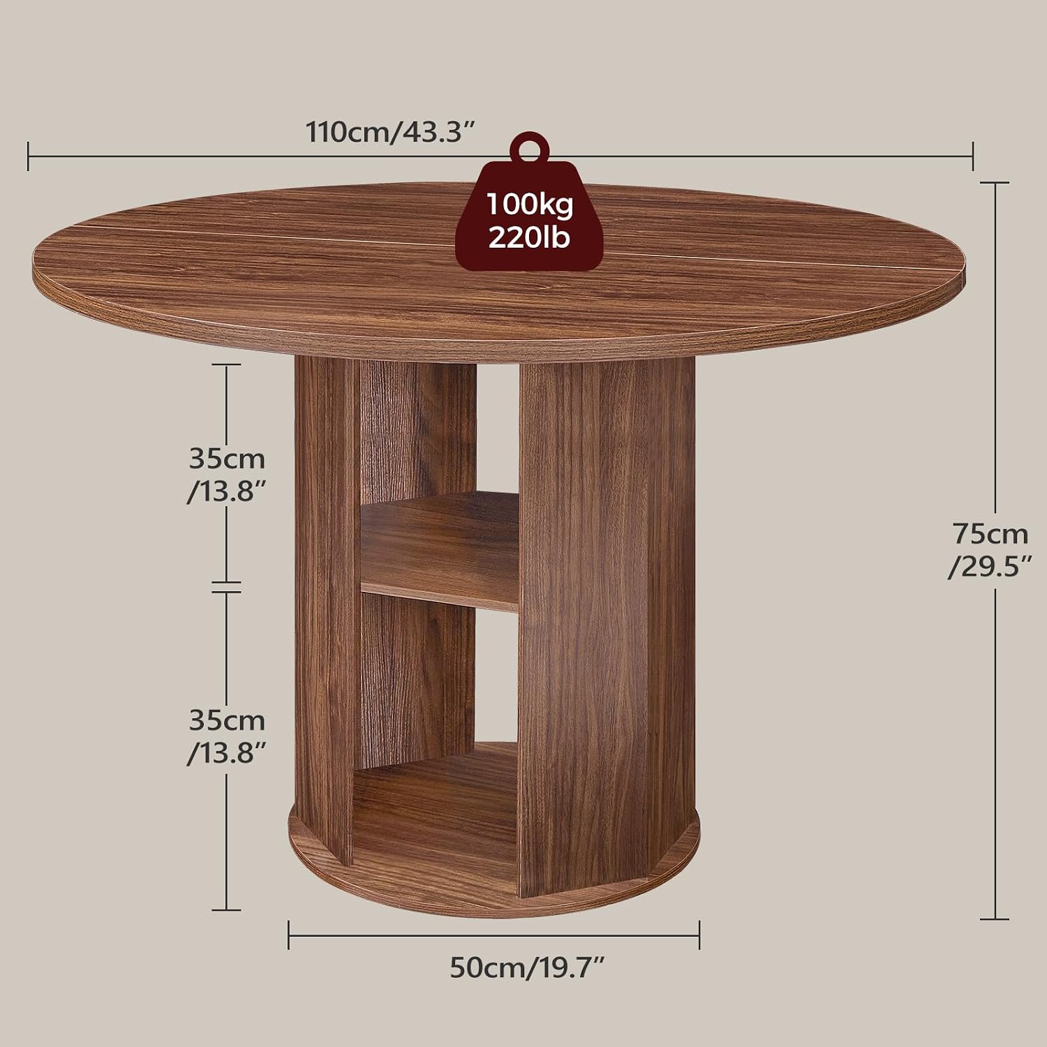 MAHANCRIS 43.3' Round Dining Table with Storage Shelf for 4, Circle Kitchen Dinner Table with Thick Tabletop, Circle Nook Table for Kitchen & Dining Room, Walnut DTWA11001
