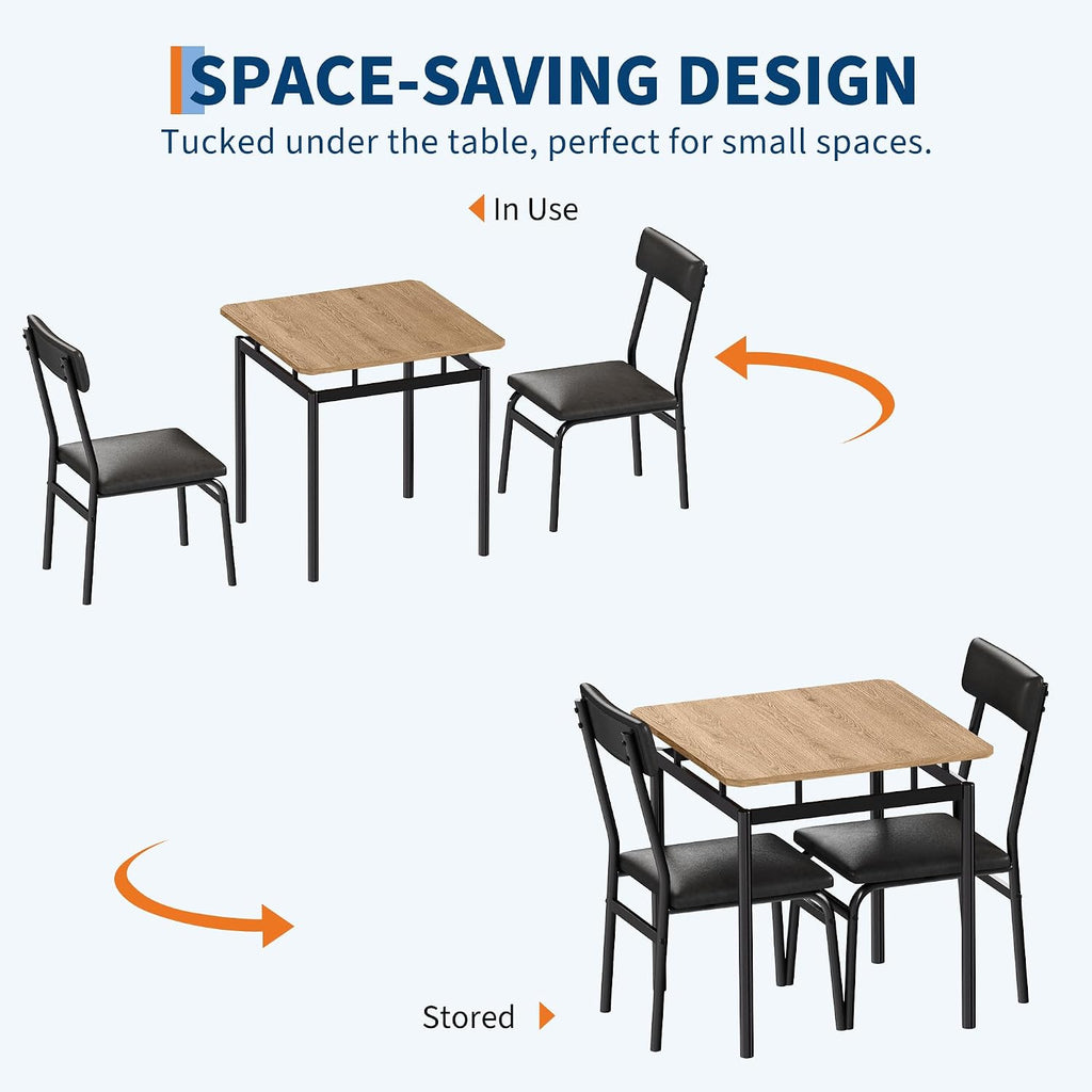 Garvee 3 Piece Dining Table Set, Kitchen Table Set for 2 with 2 PU Upholstered Chair, Industrial Metal Frame Dinette Set for Small Space, Dining Room, Apartment, Studio, Black
