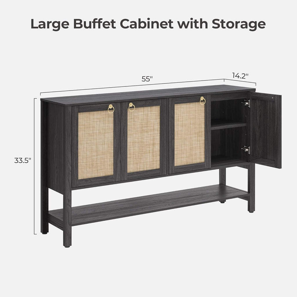 SICOTAS 55' Obsidian Sideboard Buffet Cabinet with Rattan Doors, Modern Industrial Coffee Bar Cabinet with Open Shelf, Black Wood Credenza & Console Table for Entryway, Kitchen, Dining Room