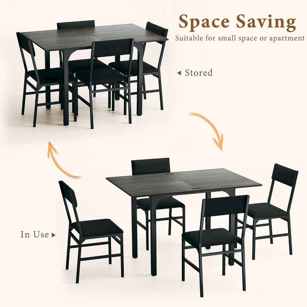 HUAHUU Dining Table Set for 4, Extendable Kitchen Table Cushion Chairs Set of 4, Rectangle Dining Table with Metal Frame & MDF Board, Folding for Small Apartment Saving Space, Gray