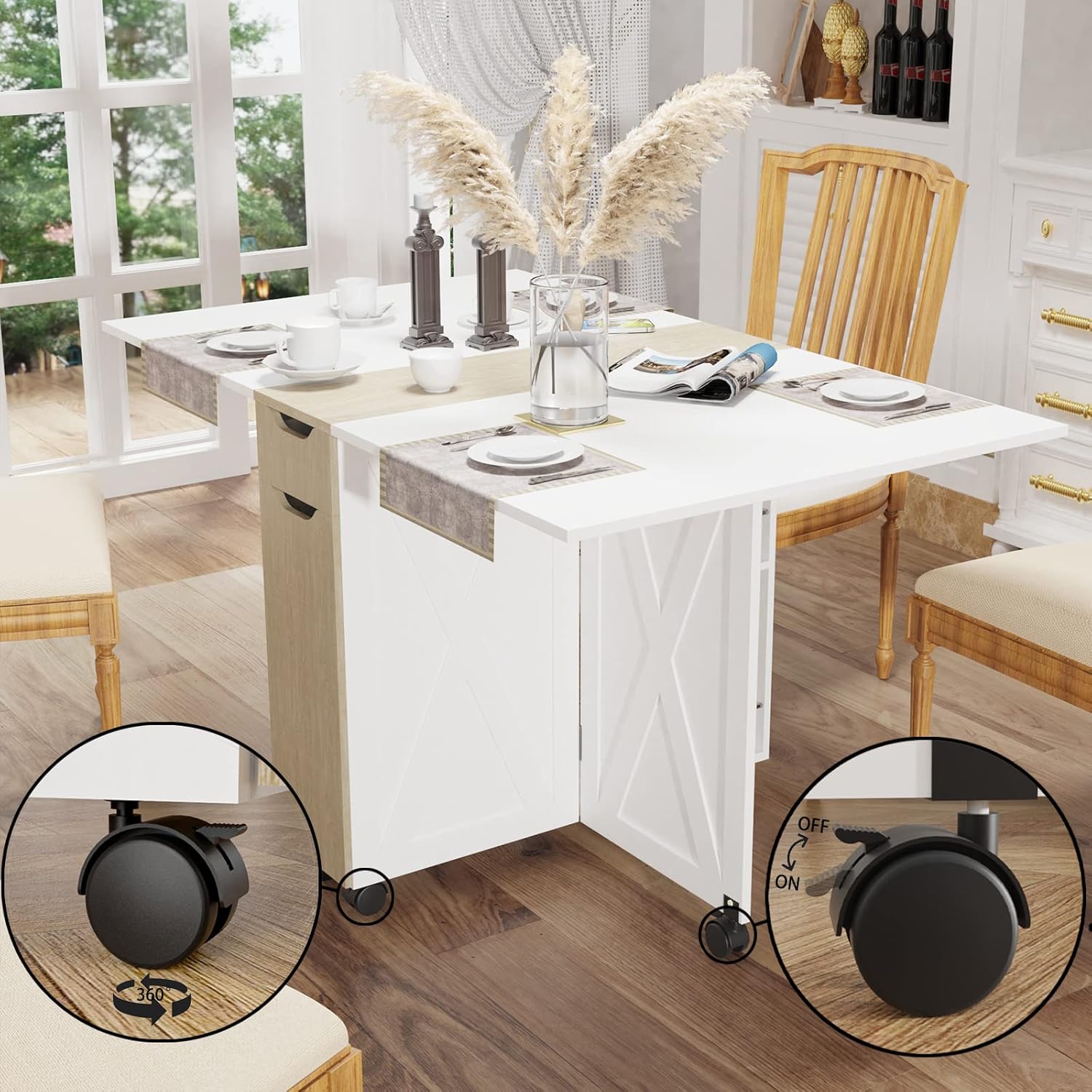 3imothrix Folding Dining Table, Small Dining Table, Space Saving Dining Table with 6 Wheels, Kitchen Table Sewing Table for Small Spaces (White)