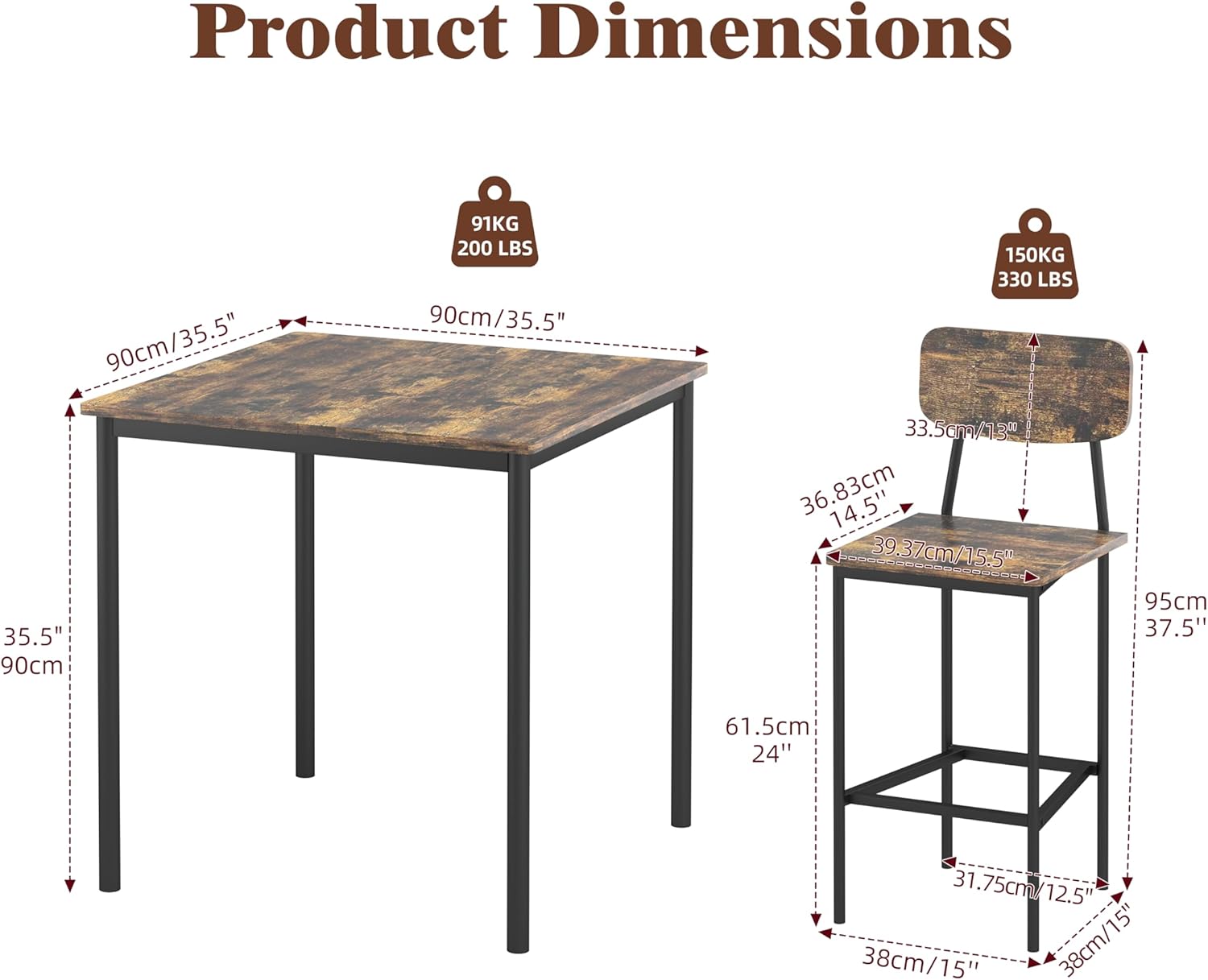 Kitchen Table and Chairs of 4, 5 Piece Dining Table Set, Sturdy Industrial Space Saving Dinette Set for Pub, Family Dinners, Apartment, Rustic Brown