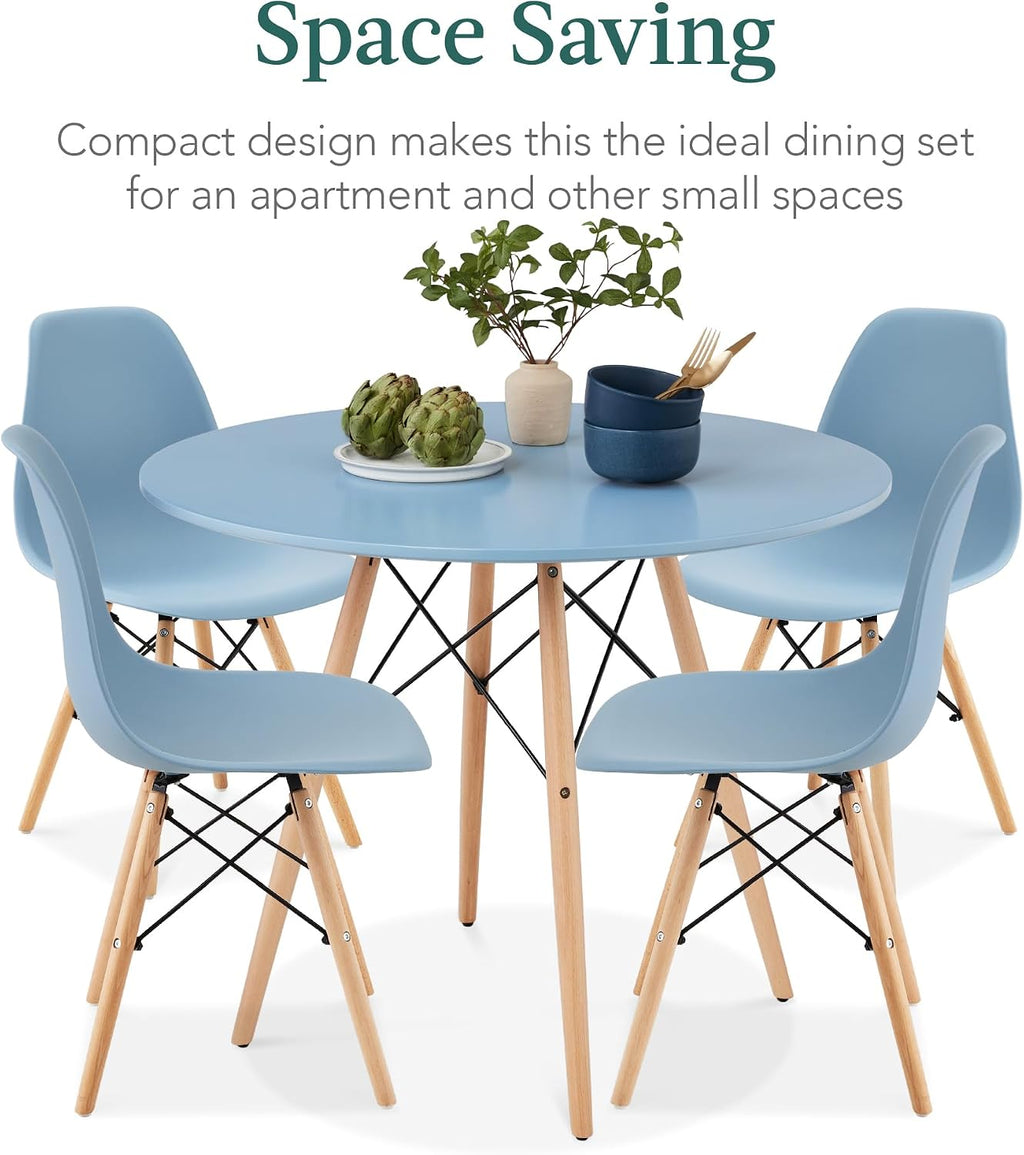 Best Choice Products 5-Piece Dining Set, Compact Mid-Century Modern Table & Chair Set for Home, Apartment w/ 4 Chairs, Plastic Seats, Wooden Legs, Metal Frame - Blue/Oak