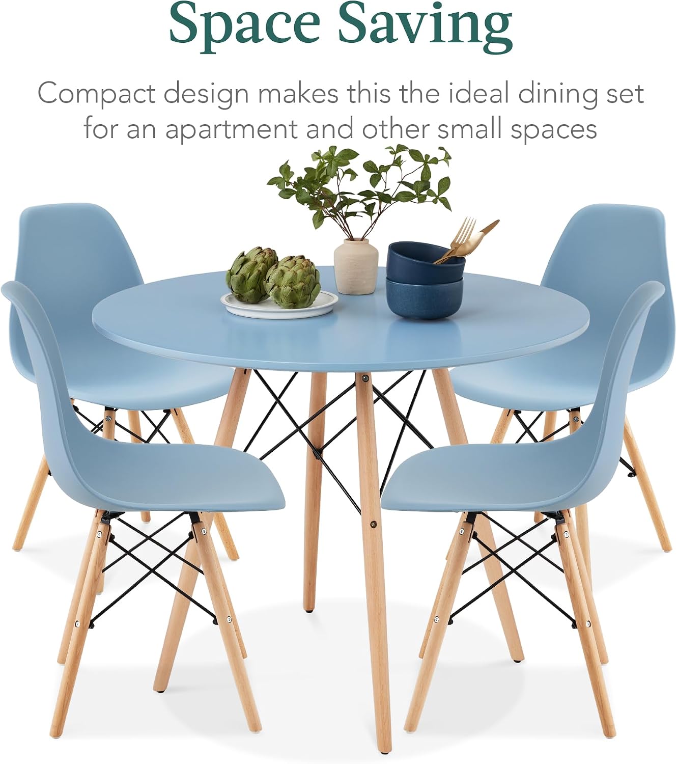 Best Choice Products 5-Piece Dining Set, Compact Mid-Century Modern Table & Chair Set for Home, Apartment w/ 4 Chairs, Plastic Seats, Wooden Legs, Metal Frame - Blue/Oak