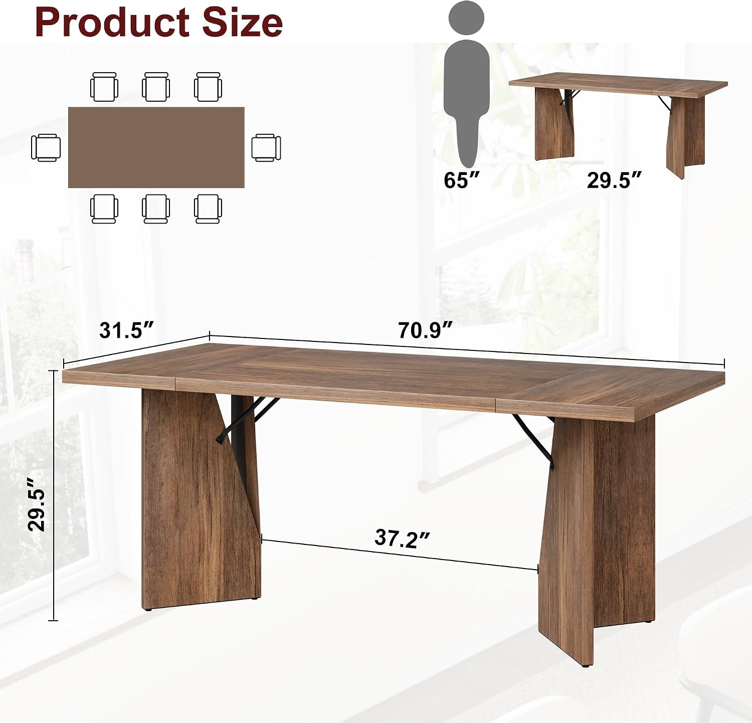 GarveeHome 70.9'' Rectangular Dining Table for 6-8, Wooden Thickened Long Desk, Farmhouse Kichen Table with Sturdy Frame and M-Shaped Legs, for Dining Room, Kitchen, Living Room, Office, Retro Brown