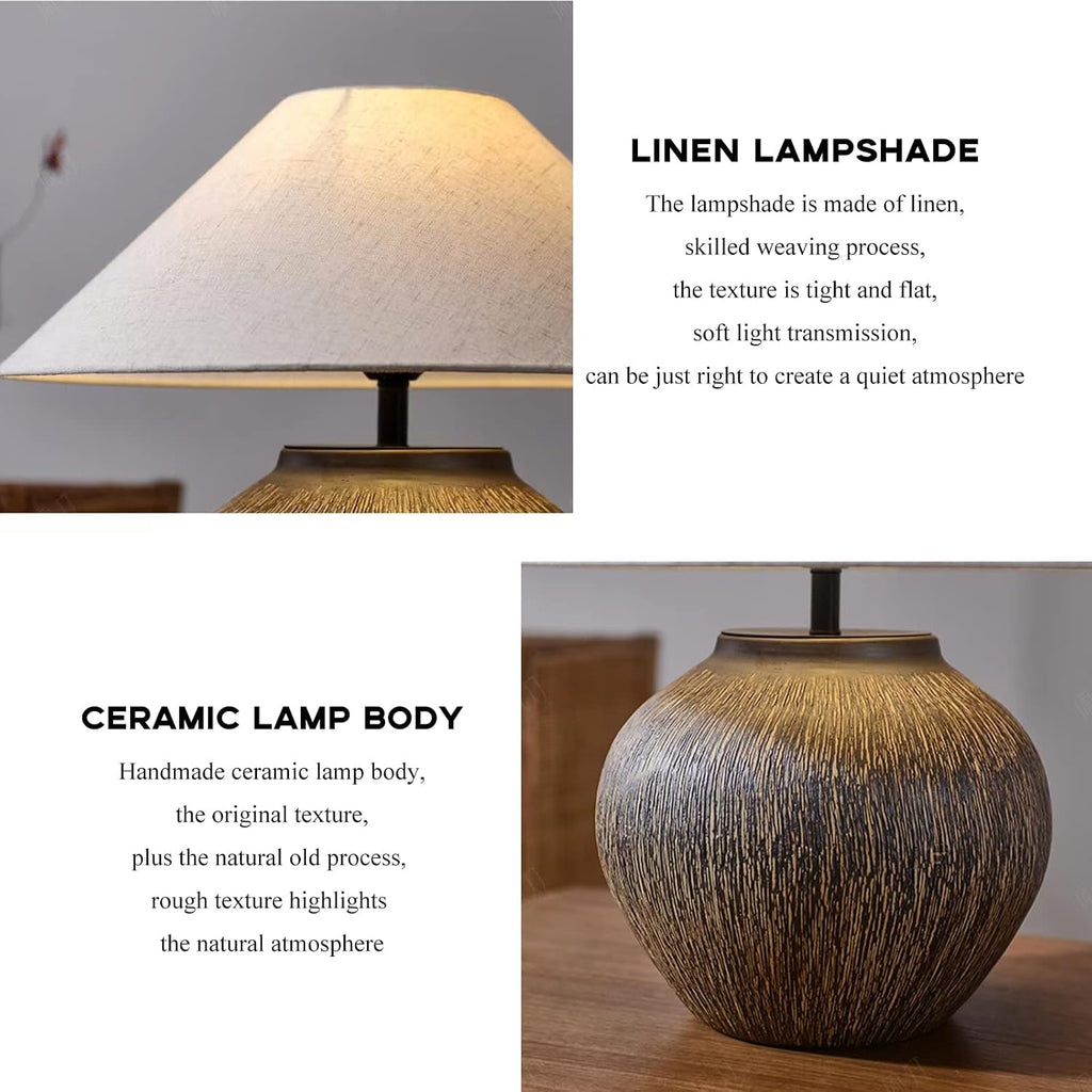 PURESILKS Farmhouse Hammered Pot Table Lamp, Rustic Handmade Ceramic Table Lamp,20.86' Tall Desk Lamp Country Style with Linen Drum Lampshade for Living Room Bedroom Nightstand Home Office