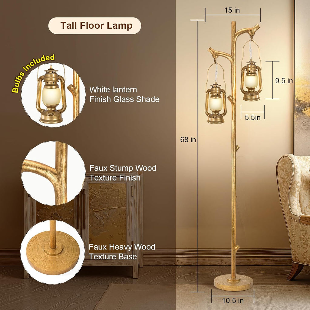 Scenekoy 68' Tall Floor Lamp with Lanterns, Gold Standing Lamp Tree Trunk Finish, Dimmable Resin Corner Lamp Stand Up Light with Bulb Prefer for Modern Living Room Bedroom Home Decor (Bulbs Included)