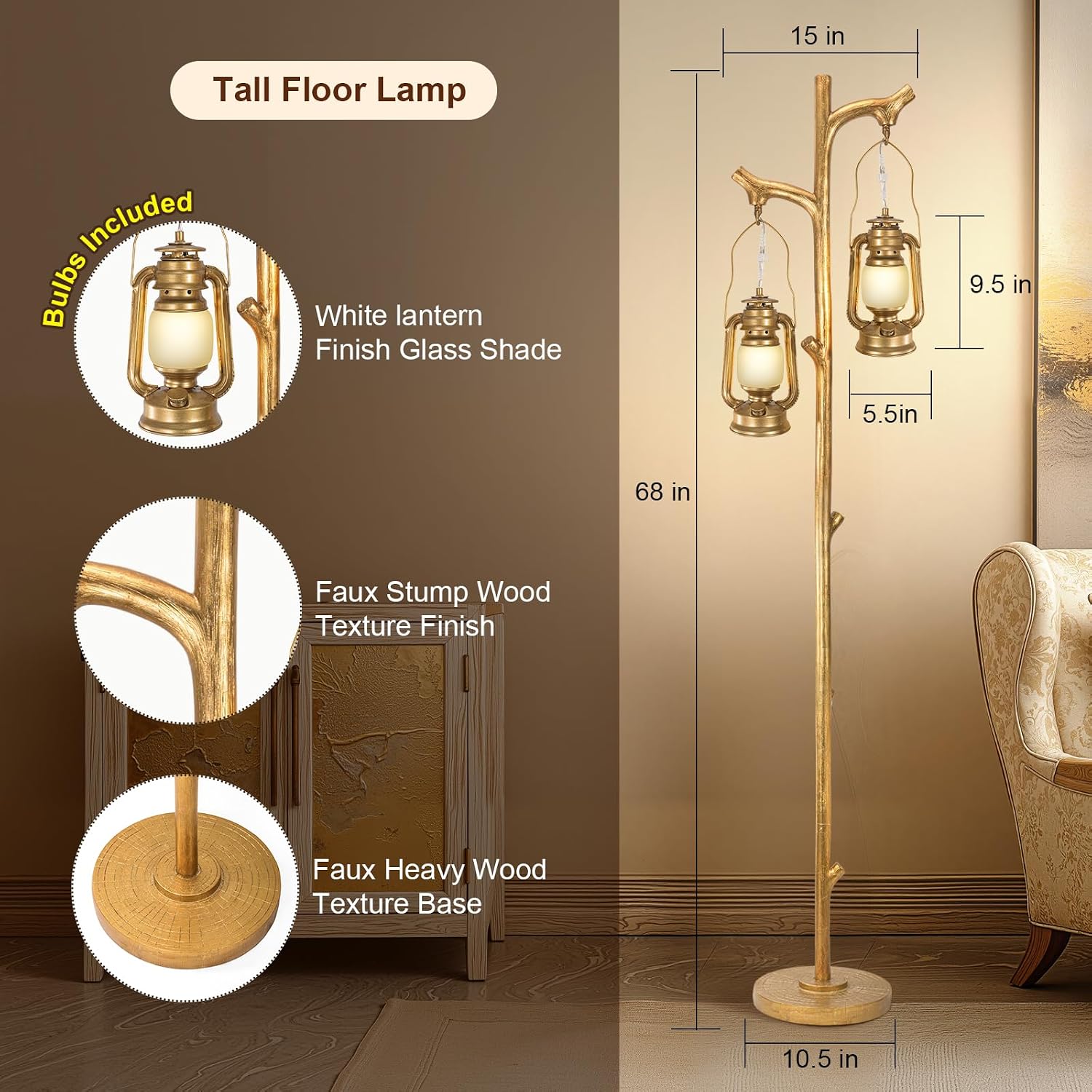 Scenekoy 68' Tall Floor Lamp with Lanterns, Gold Standing Lamp Tree Trunk Finish, Dimmable Resin Corner Lamp Stand Up Light with Bulb Prefer for Modern Living Room Bedroom Home Decor (Bulbs Included)